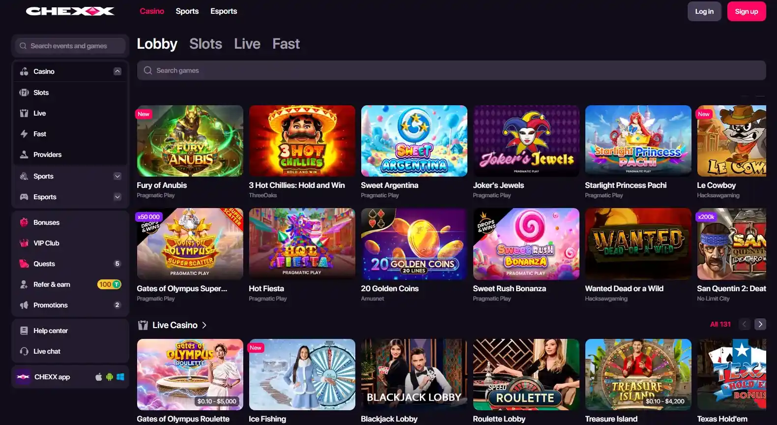 Current CHEXX casino or sportsbook interface